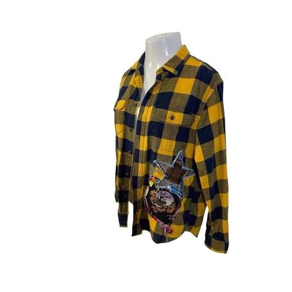 Flannel Shirt Women Large Yellow Tiger Grunge Camp Rock Country Upcycled Crochet - Picture 7 of 16